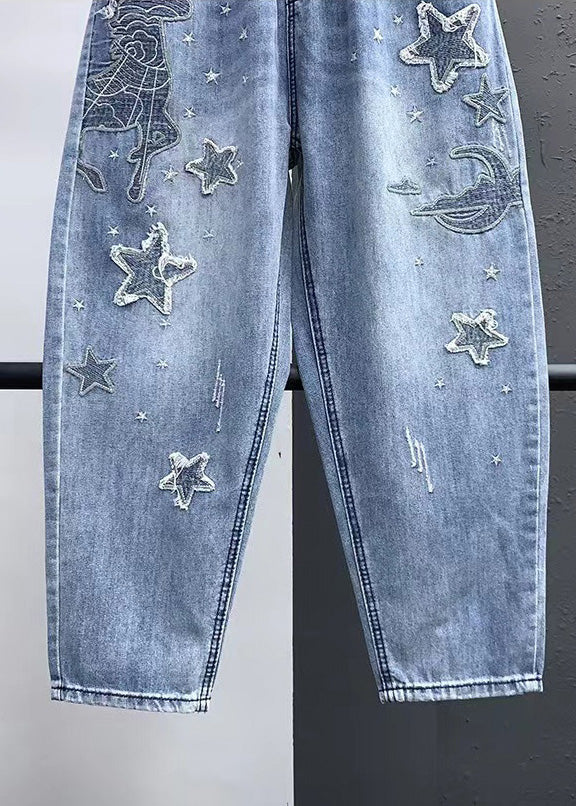 Blue Embroideried Pockets Elastic Waist Denim Crop Pants Summer