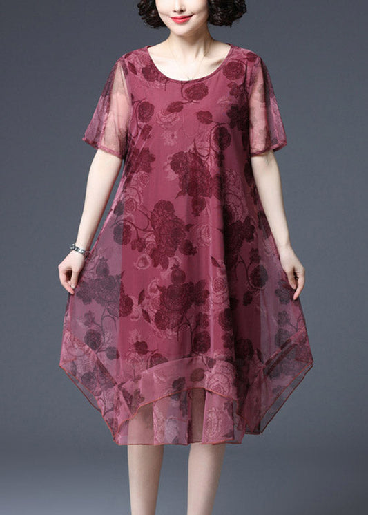 Red O-neck Print Tulle Vacation Dress Short Sleeve