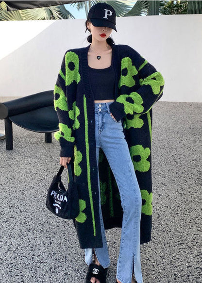 Black Green Print Knit Coats Spring