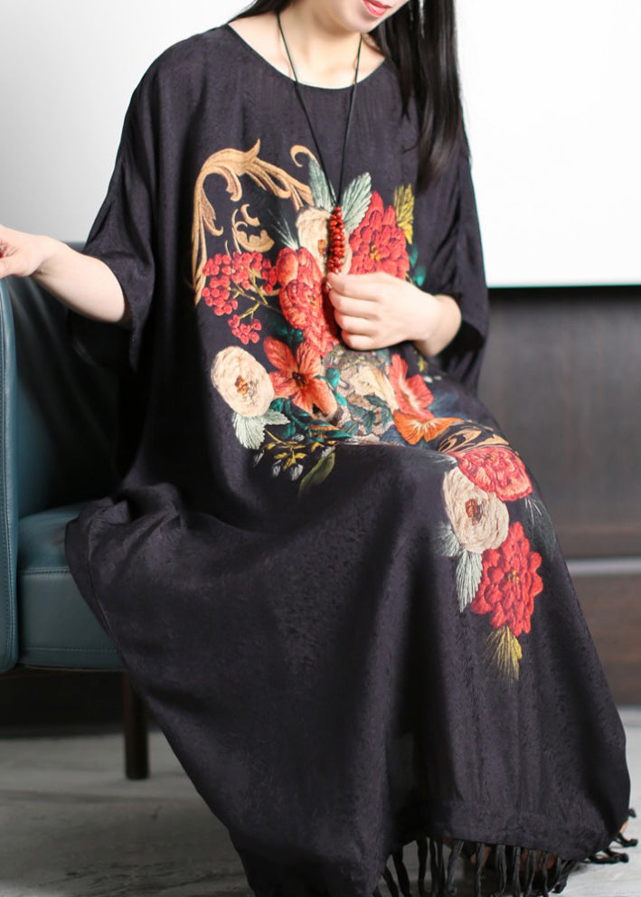 Red Print O-neck Tassel Silk Holiday Dress Short Sleeve