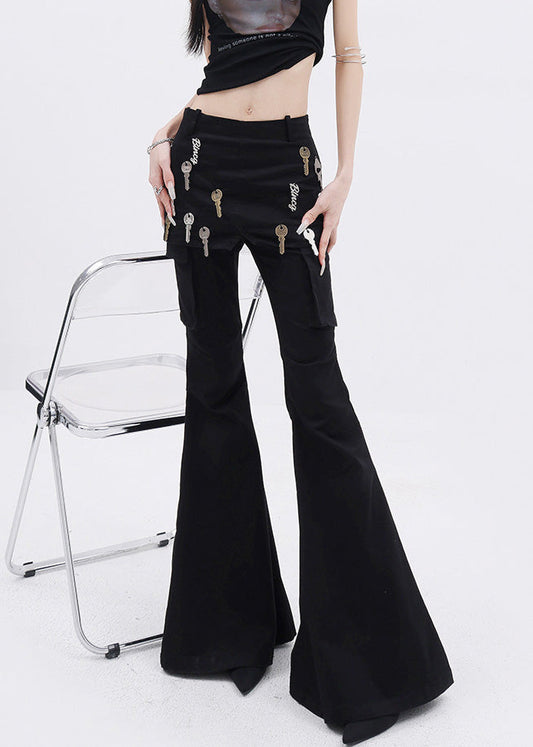 Black False Two Pieces Patchwork Denim Flared Trousers Fall