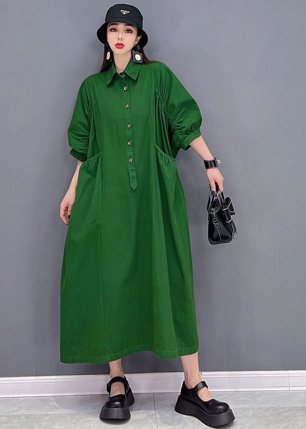 Green Peter Pan Collar Cinched Pockets Cotton Long Dresses Half Sleeve