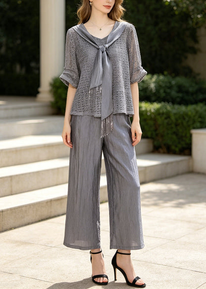 Grey Tasseled Hollow Out Knit Two Pieces Set Summer