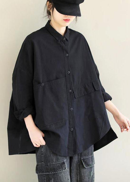 Unique Lapel Asymmetric Blouse Sewing Black Shirt