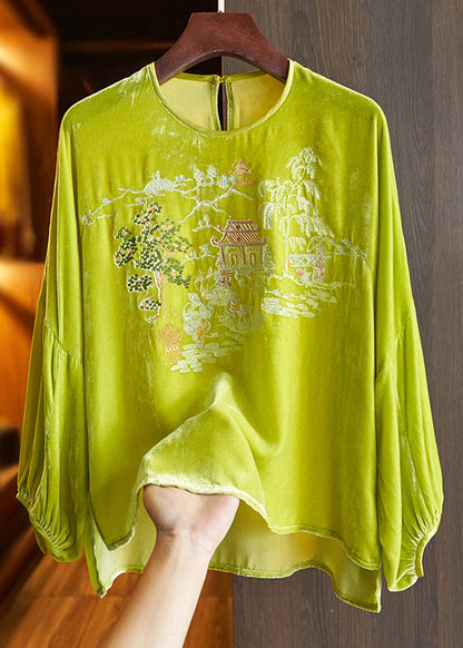 Loose Green O Neck Print Silk Velour Top Long Sleeve Spring
