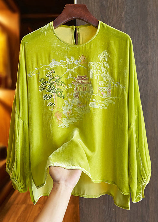 Loose Green O Neck Print Silk Velour Top Long Sleeve Spring