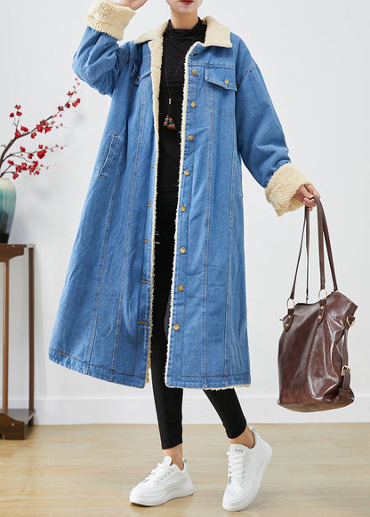 Blue Oversized Thick Fleece Wool Lined Denim Trench Coats Winter