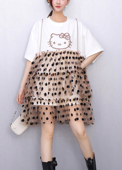 White Ruffled Dot Patchwork Cotton Mid Dress Summer