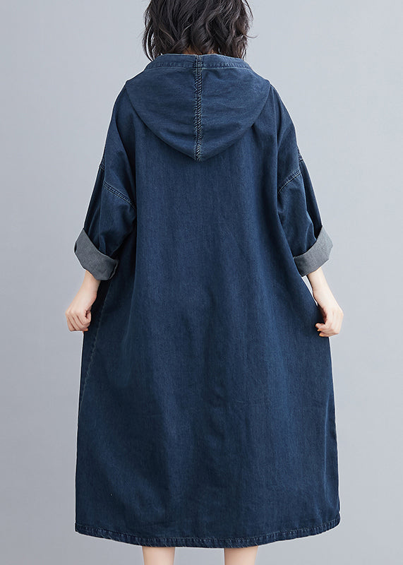 Denim Blue Hooded Pockets Denim Long Dress Spring