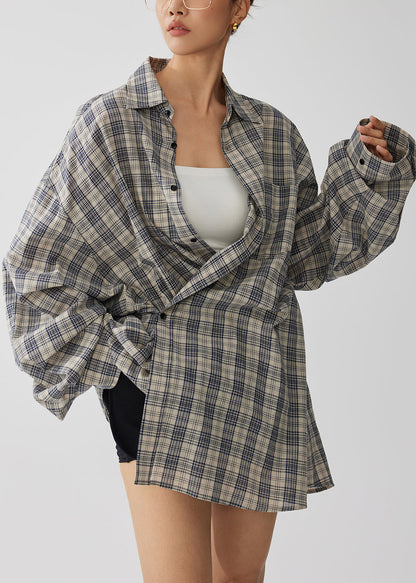 Natural Khaki Oversized Plaid Cotton Top Fall