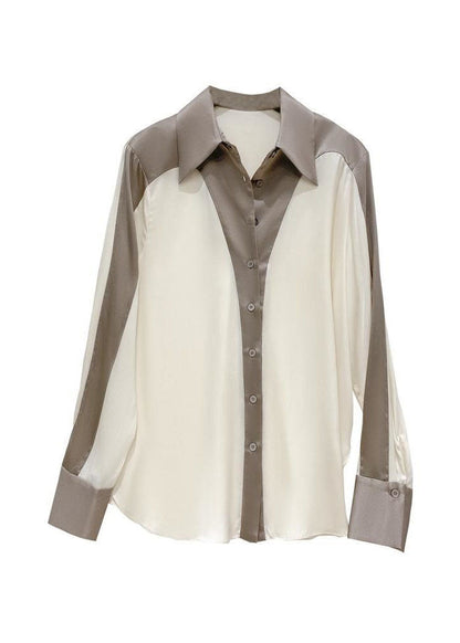 Diy Colorblock Peter Pan Collar Patchwork Silk Shirt Spring