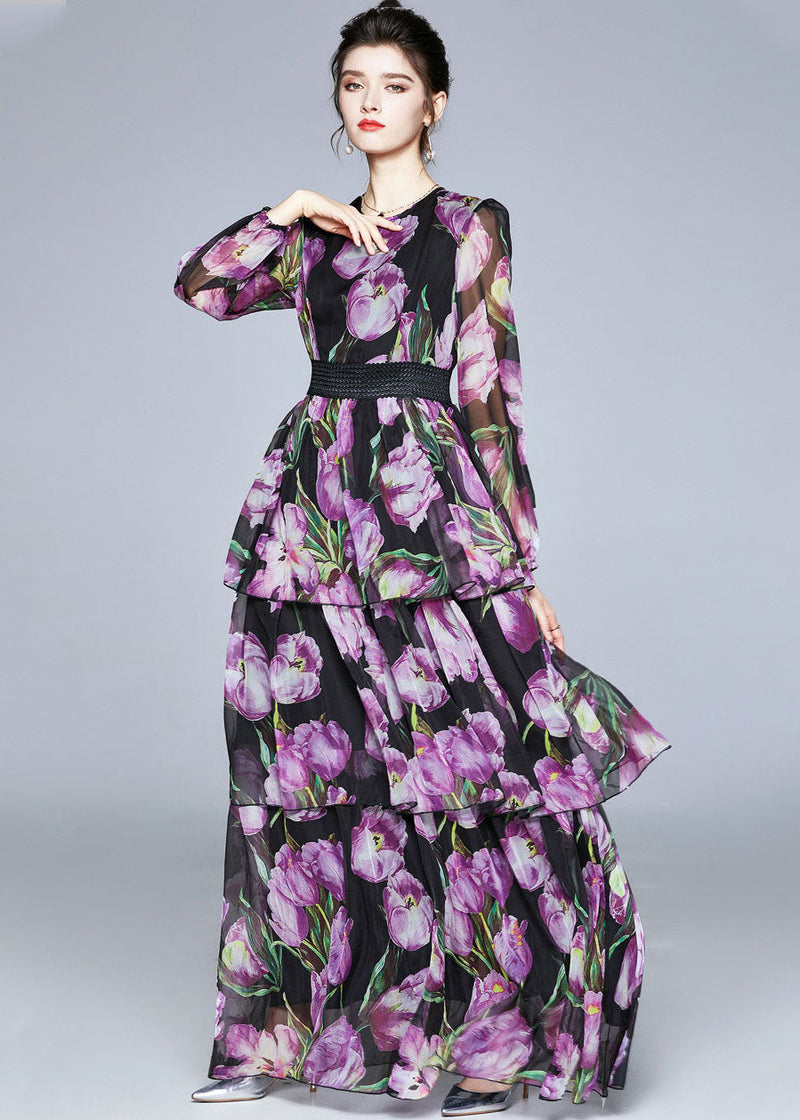 Boutique Purple Print O-neck Layered Design Chiffon Long Dresses Fall