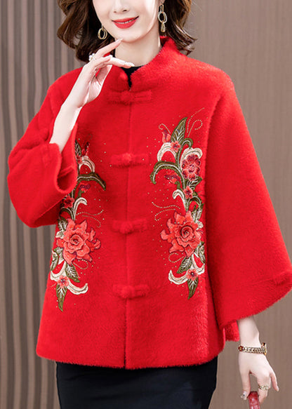 Red Print Patchwork Mink Velvet Woolen Coat Spring