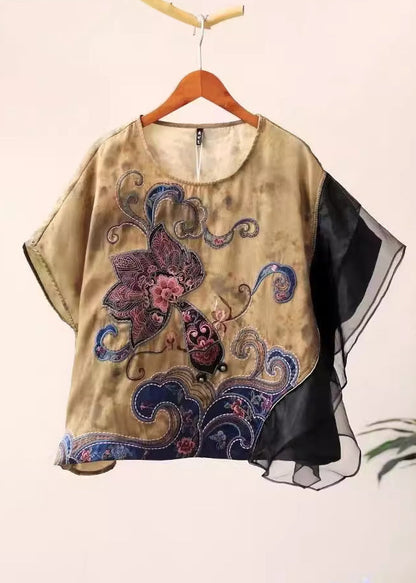 Yellow O-neck Embroidered Cotton Top Summer