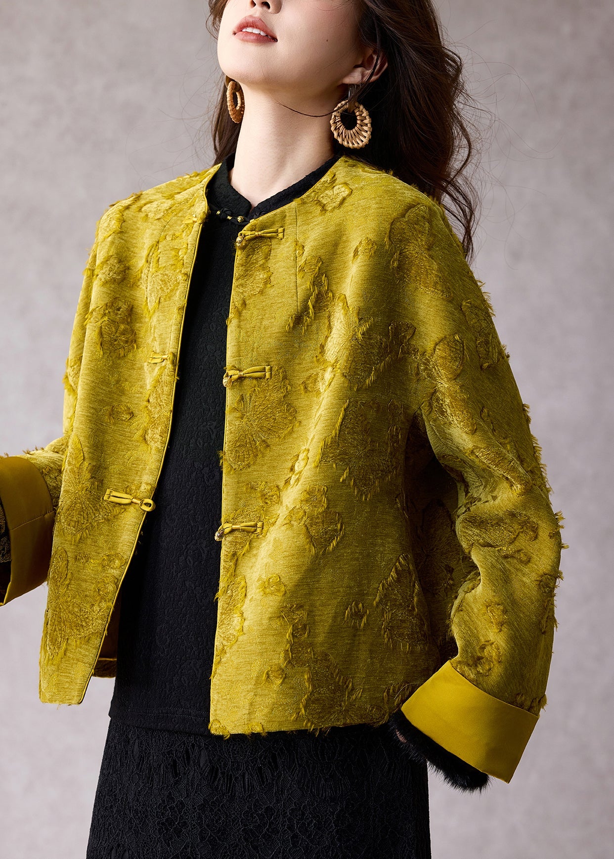 Green O Neck Jacquard Fine Cotton Filled Jacket Winter