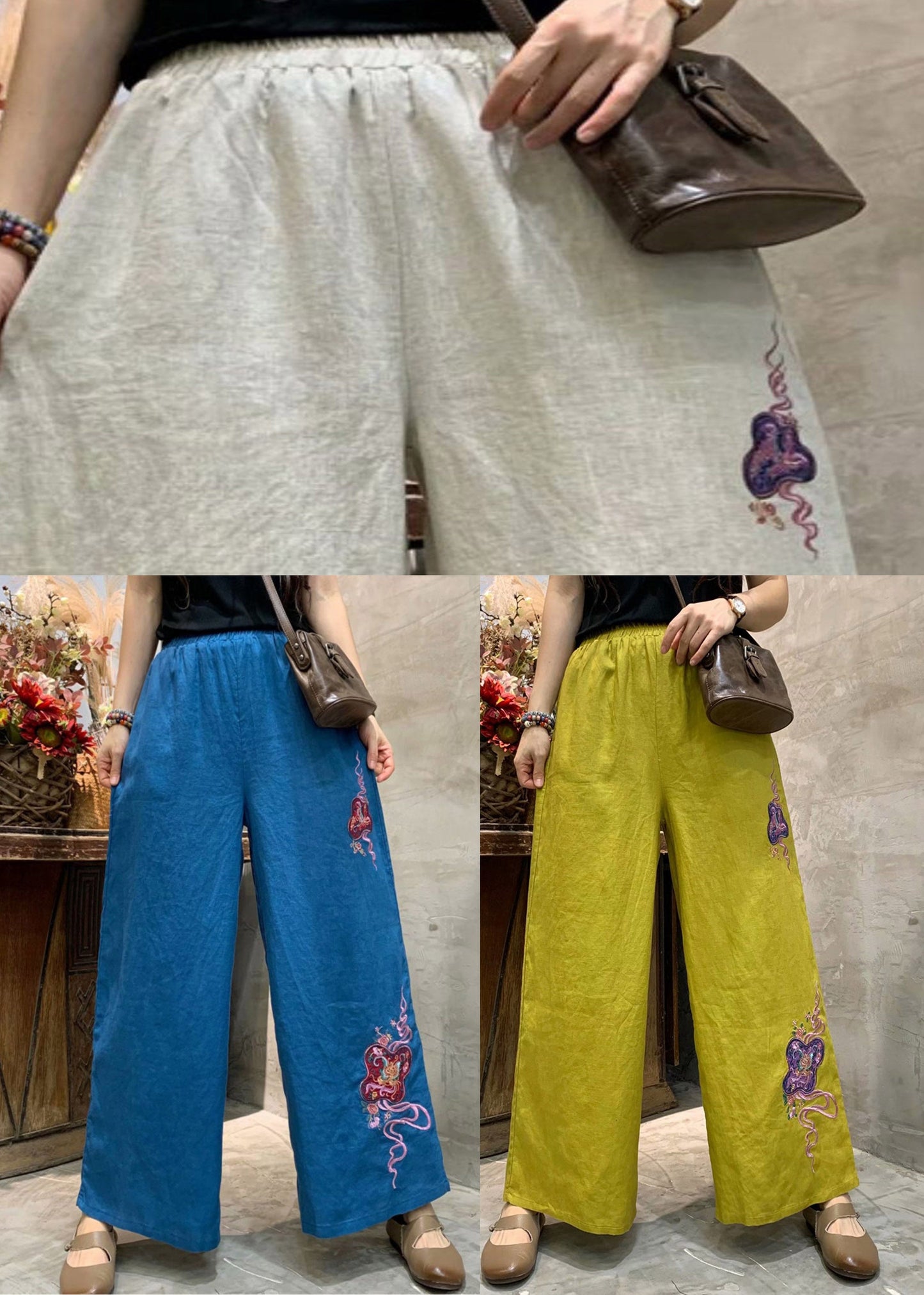 Linen Colour Pockets Linen Wide Leg Pants Summer