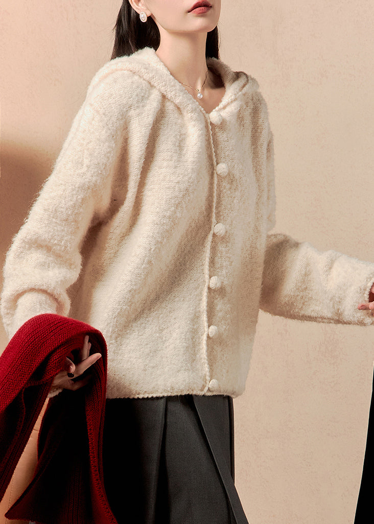 Beige Hooded Button Knit Coats Winter