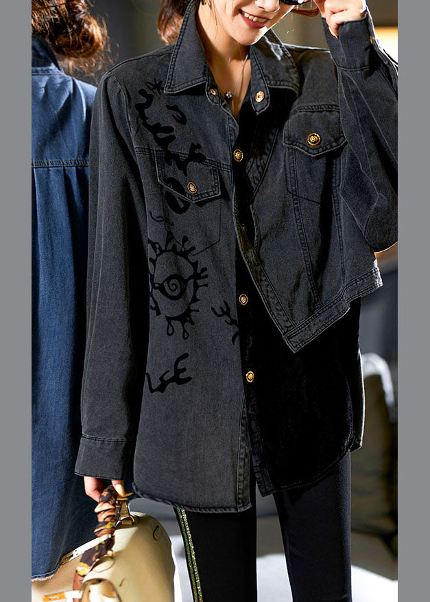 Denim Blue Peter Pan Collar Asymmetrical Print Button Cotton Coats Long Sleeve