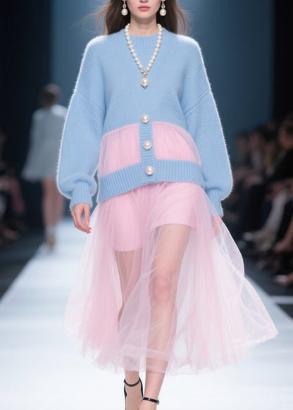 Blue O Neck Tulle Patchwork Knit Dress Fall