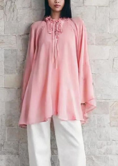 Pink Ruffled Lace Up Chiffon Mid Dress Flare Sleeve