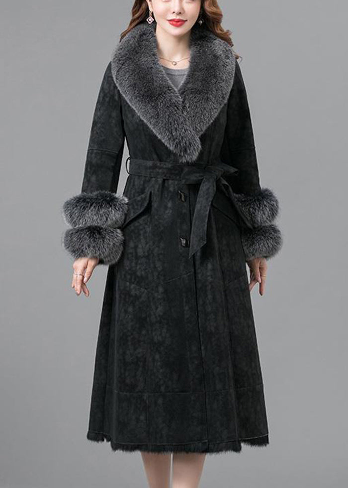 Black Warm Faux Rabbit Leather and Fur Coats Fox Collar Tie Waist Winter