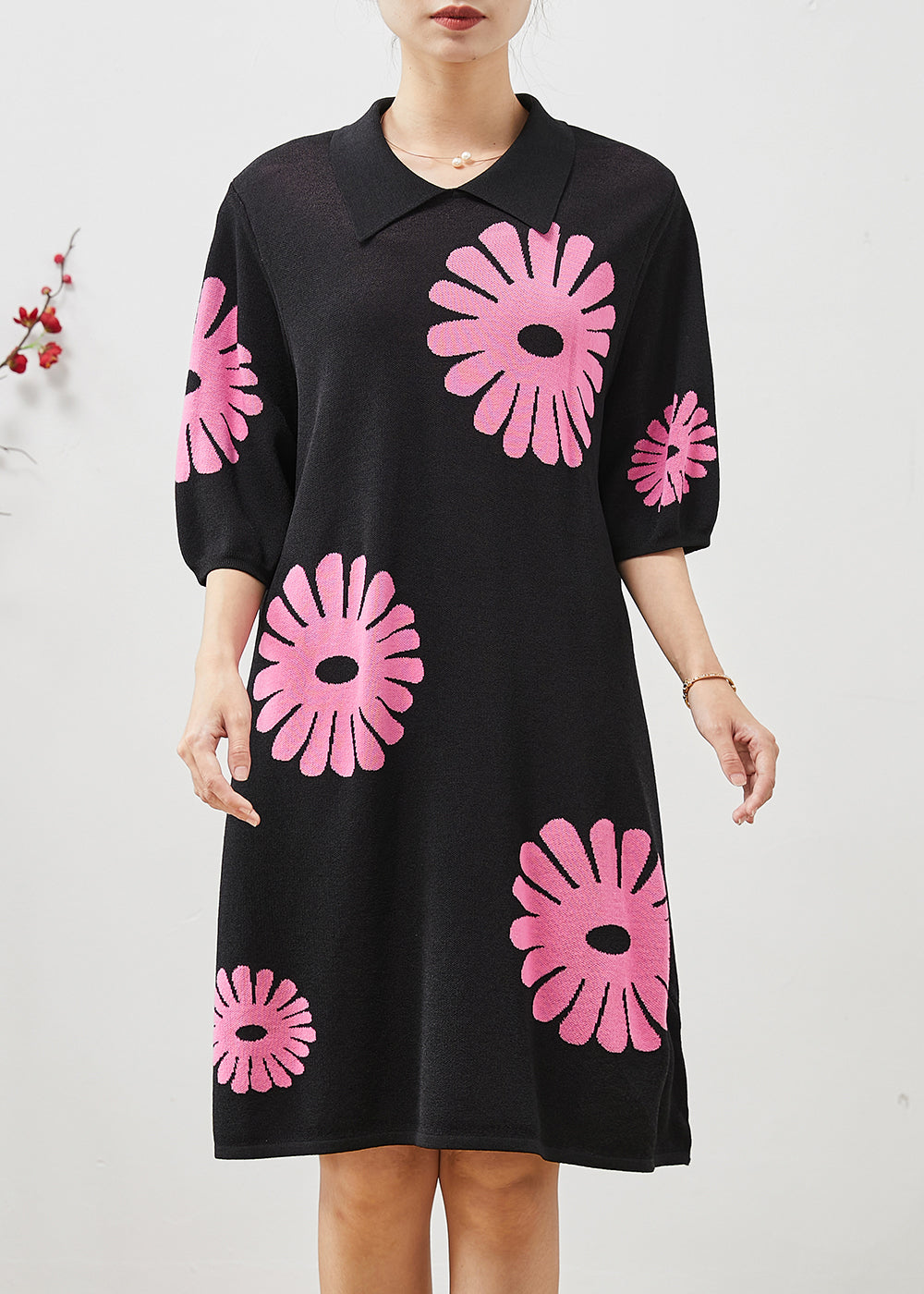 French Black Peter Pan Collar Cotton Mid Dresses Summer
