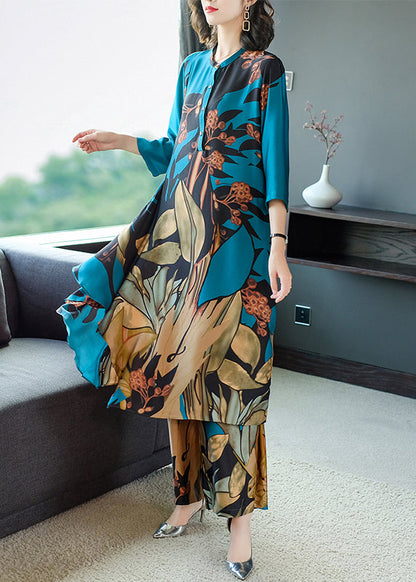 Blue O-neck Print Chiffon Dress and Pants Two Pieces Set Three Quarter Sleeve