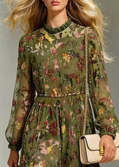 Style Green Ruffled Jacquard Patchwork Silk Dresses Fall