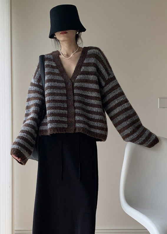 Coffee Striped Button Knit Knit Cardigans Coats Fall