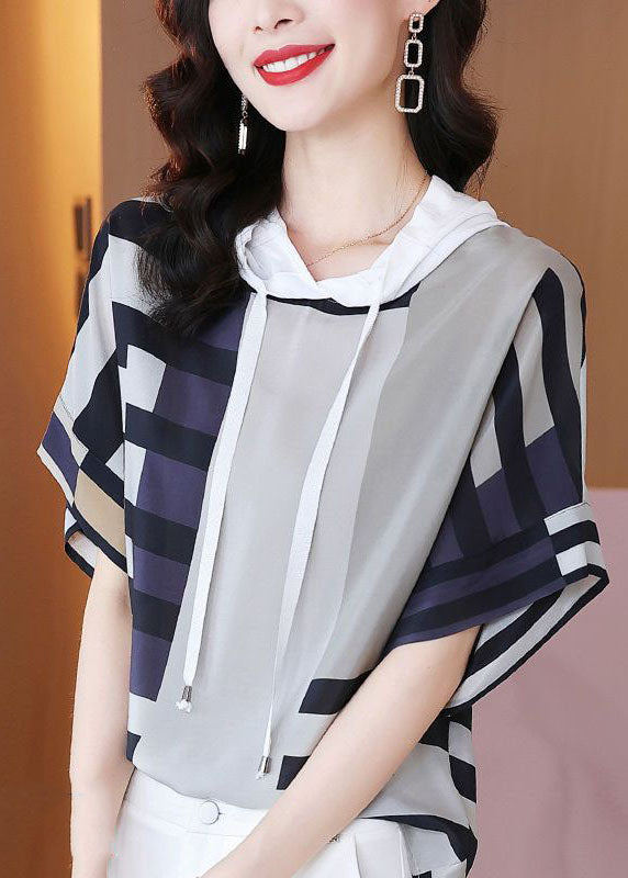 Coloblock Hooded Oversize Print Silk Shirt Summer