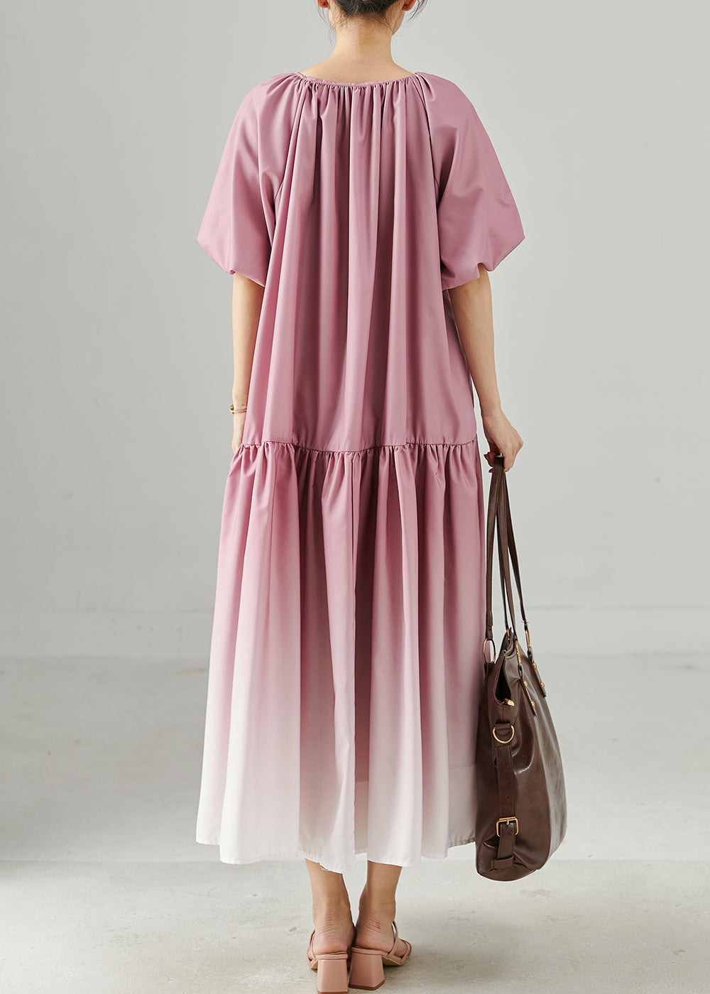 Gradient Purple Oversized Patchwork Cotton Long Dresses Puff Sleeve