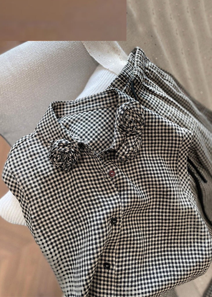 New Plaid Button Cotton Two Pieces Set Sleeveless