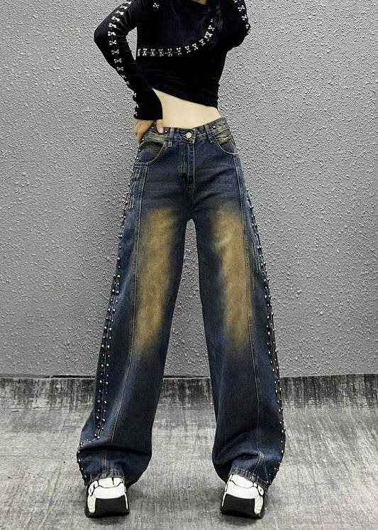 Blue Pockets Rivet High Waist Denim Wide Leg Pants Fall