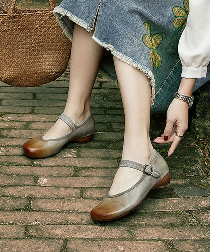 Coffee Handmade Buckle Strap Splicing Flat Feet Shoes