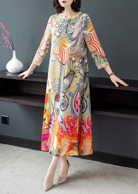 O-neck Print Silk Vacation Long Dresses Long Sleeve