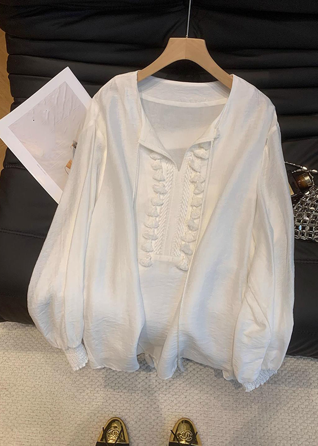 Novelty White O-neck Patchwork Tassel Chiffon Shirts Fall