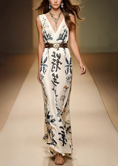 White Cinched Print Silk Dress Sleeveless