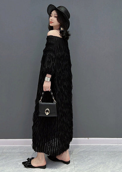Black O-neck Wave Silk Long Dress Half Sleeve