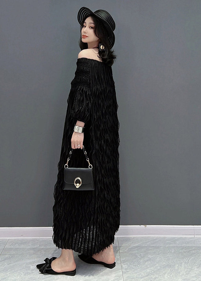 Black O-neck Wave Silk Long Dress Half Sleeve
