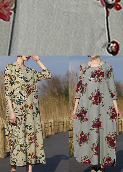 O Neck Pockets Spring Tunic Work Outfits Chinese Rose Flower Long Dress