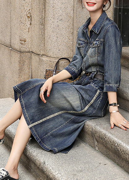 Denim Blue Peter Pan Collar Patchwork Sashes Long Shirts Dresses Fall