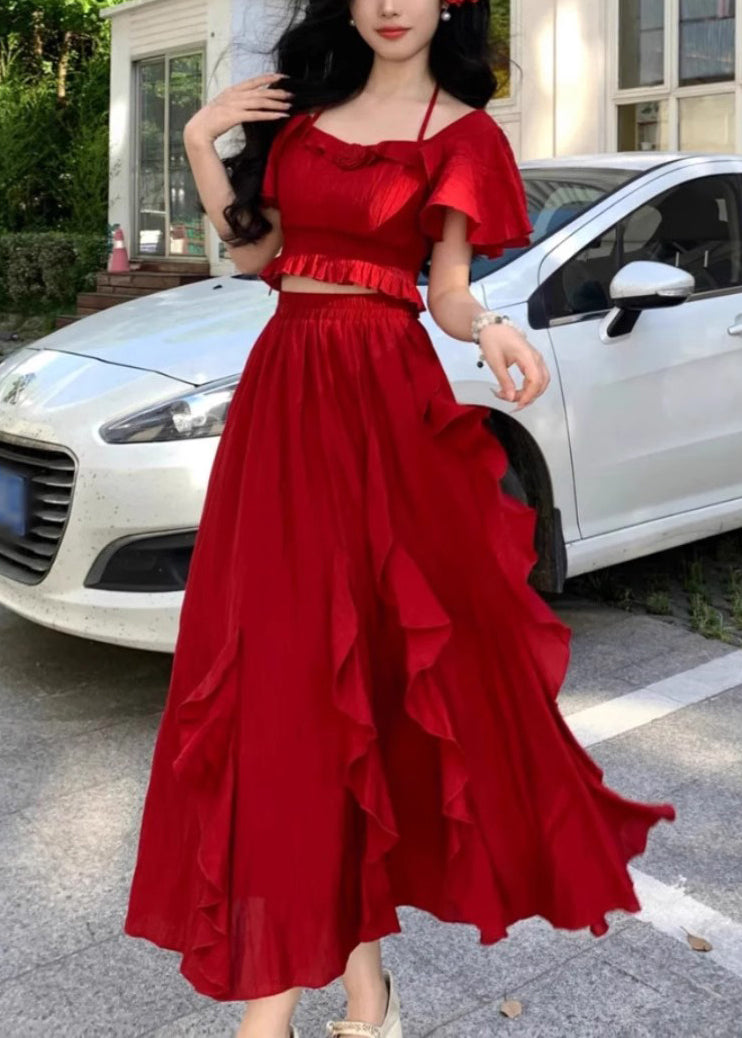 Red Ruffled Tops and Skirts Cotton Two Pieces Set Butterfly Sleeve