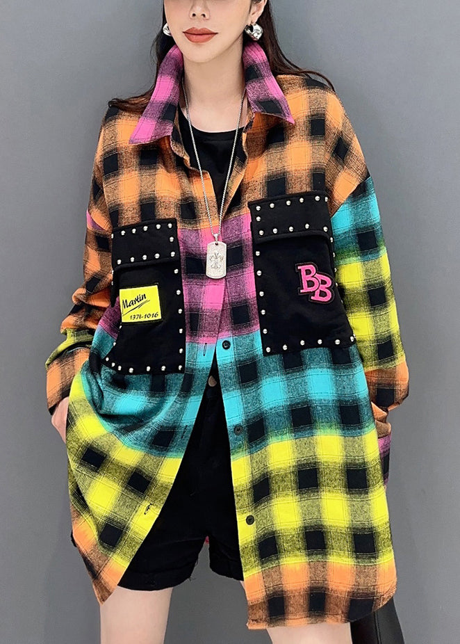 New Blue Plaid Button Patchwork Cotton Blouses Long Sleeve