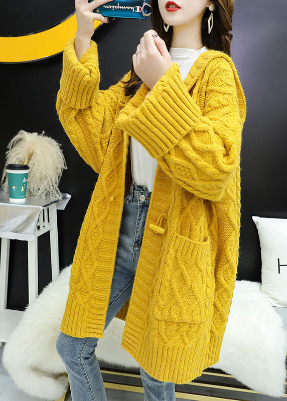 Yellow Hooded Pockets Loose Fall Knit Sweater Coat