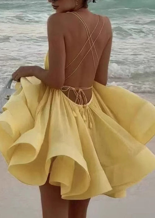 Yellow Backless Lace Up Cotton Dresses Sleeveless