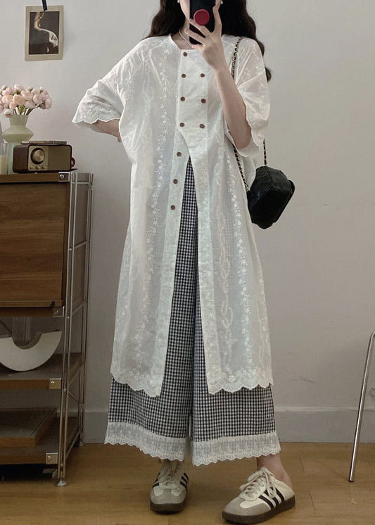 Jacquard White Button Shirt Dress and Plaid Wide Leg Pants Cotton Two Piece Set Half Sleeve