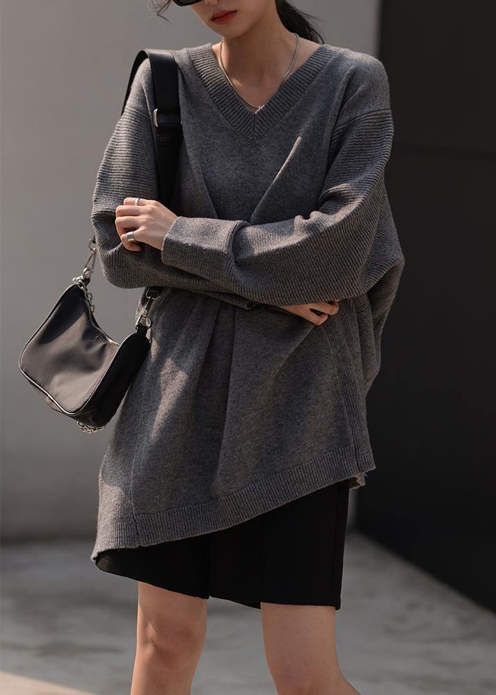 Fall Dark Gray Sweaters Oversized V Neck Blouse