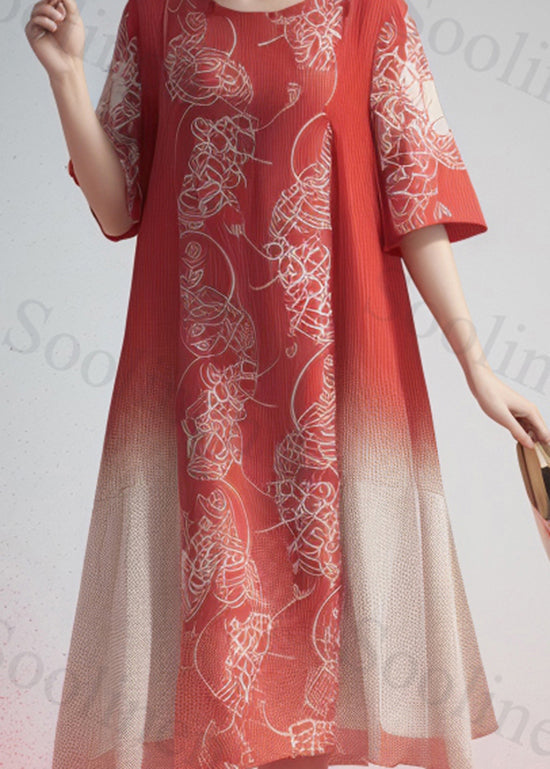 French Gradient Color O Neck Print Silk Dresses Summer