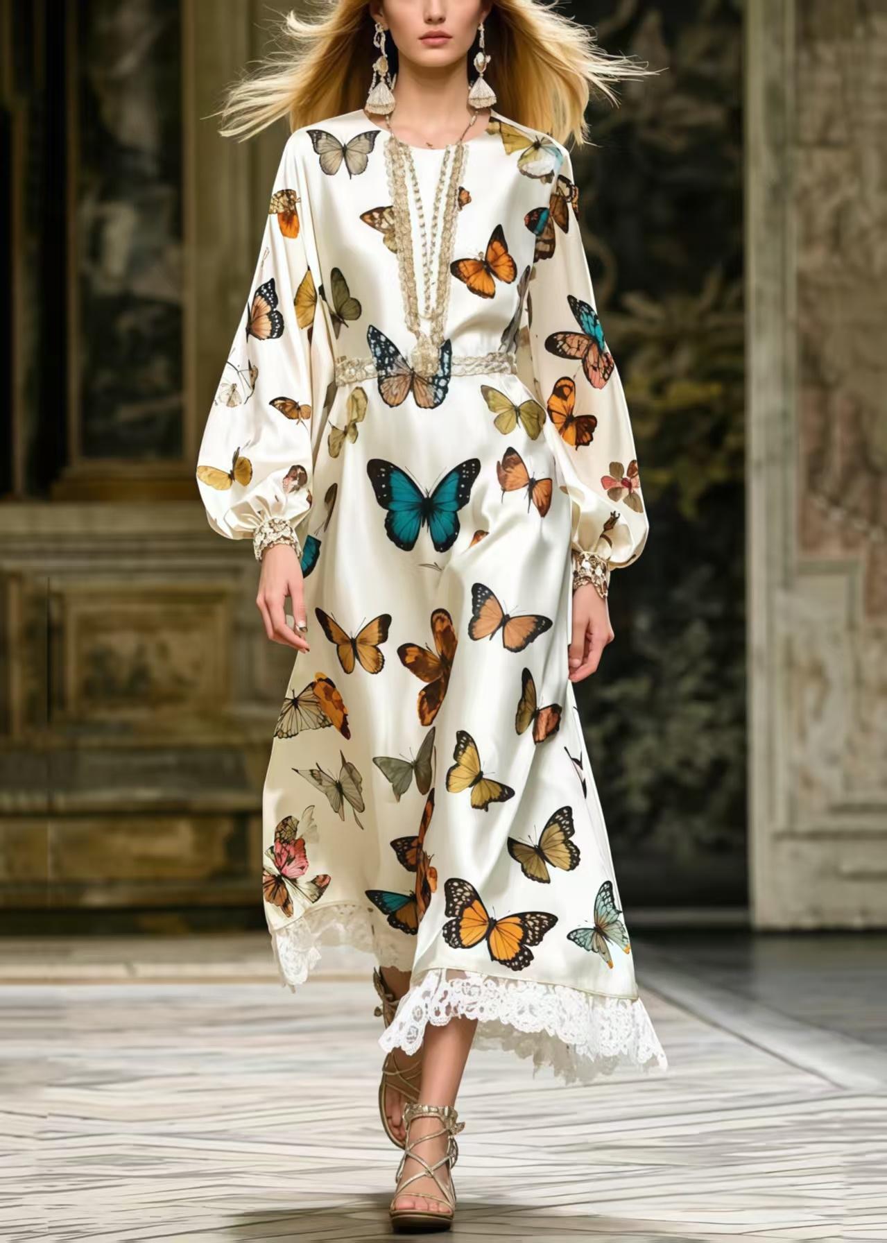 Fine Polychrome Butterfly Lace Patchwork Silk Party Dress Spring