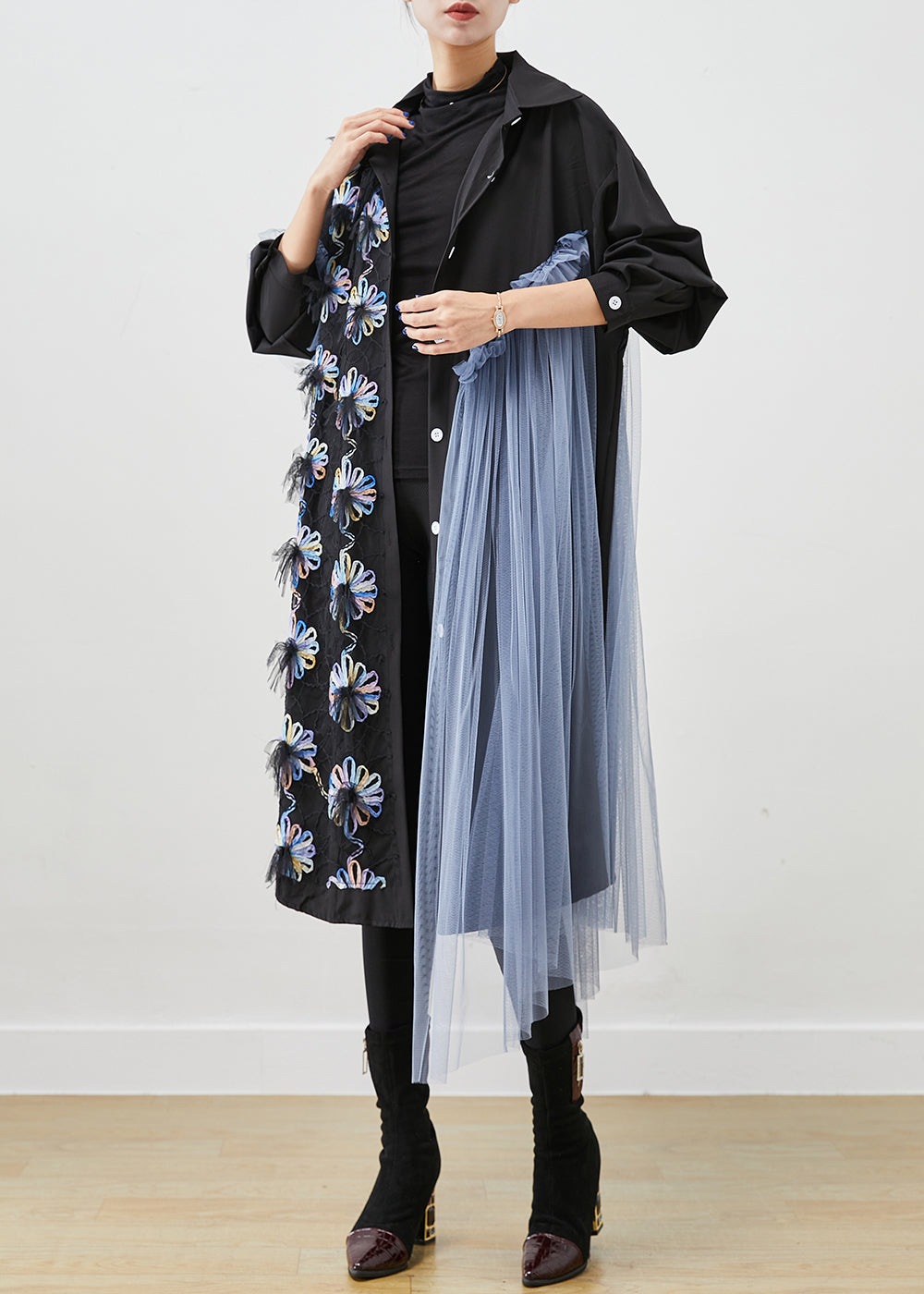 Black Ruffled Patchwork Tulle Cotton Shirt Dress Fall